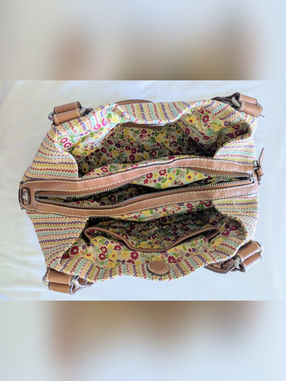 Woven Multi-Color Stripe Shoulder Bag with Tan Trim - Picture 6 of 8